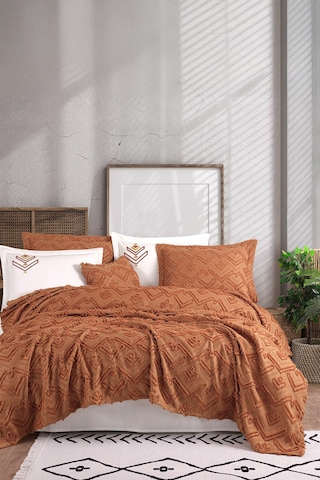 İyi Geceler İstanbul Aztec Kiremit Çift Kişilik %100 Pamuk Yatak Örtüsü Seti Kiremit