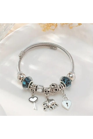 Worldshop Mavi Fil Kalp Anahtar Charm Bileklik