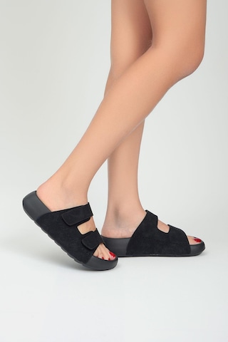 Qramed Orthopedix Çift Bantlı Cırtlı Unisex Spor Terlik Qr25101 Siyah