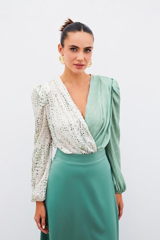 Sateen Çift Desenli Kruvaze Bluz - Çağla Yeşili