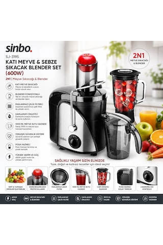 Sinbo Sj-3195 Katı Meyve Ve Sebze Sıkacak Blender Set 600w 1000ml Meyve Suyu Haznesi 2n1 Diğer