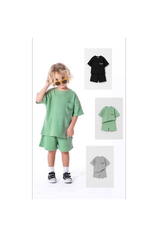 Miniko Kids Laciel Paris Baskılı Gofre Cep Detaylı Şortlu Pamuk Takım Yeşil