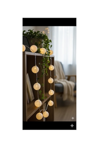 3 Metre 10 Top Cotton Ball Led Işık Zinciri - Dekoratif Pamuk Top Gece Lambası Sıcak Beyaz Sarı