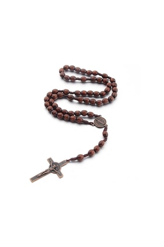 Ahşap Boncuk El Yapımı Tel Vintage Haç Kolye Koyu Kahve Çok Renkli