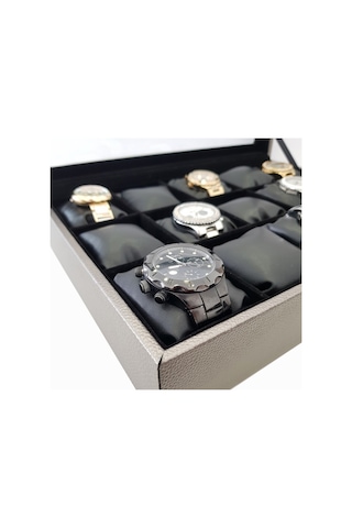 Chavin 15 Li Diamond Gri Deri Ahşap Camlı Saat Kutusu St15-59