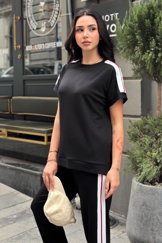 Ded Collectıon Kadın Şerit Detaylı Kısa Kollu Bluz Ve Havuç Pantolon Modal Kumaş Takım Siyah