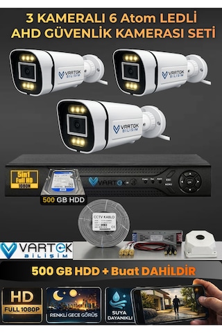 3 Kameralı 6 Atom Led Gece Renkli Görüşlü Güvenlik Kamerası Seti + 500 Gb Hdd