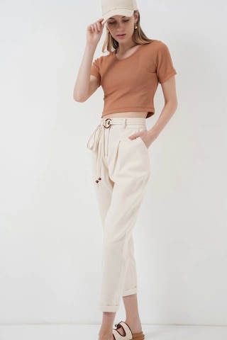 Defymoda 6660 Kemerli Keten Pantolon - Krem Krem