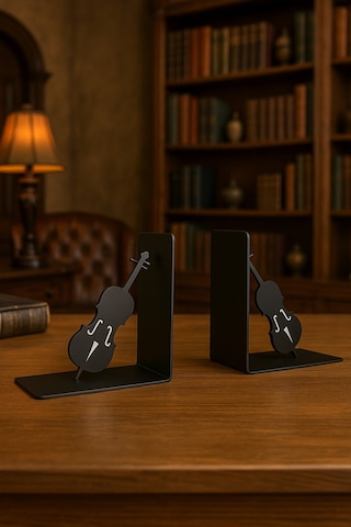 Çello Figürlü Metal Kitap Tutucu 2 Li Set Müzik Temalı Dekoratif Kitaplık Düzenleyici