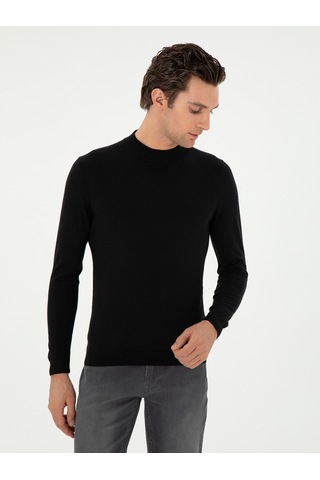 Cacharel Siyah Slim Fit Kaşmir İpek Karışımlı Çeyrek Balıkçı Yaka Triko Kazak