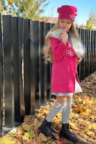 Riccotarz Kız Çocuk Yakası Kürk Ve Yonca Detaylı Etekli Fuşya Kaşe Fuşya