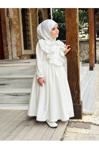 Ayperi Kız Çocuk Tesettür Elbisesi Merasim Elbisesi,başörtülü Takım 3-12 Yaş Uygun Beyaz