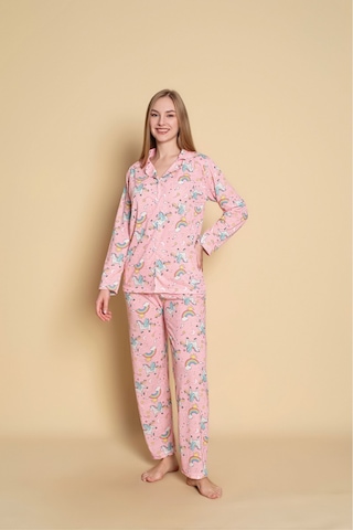 Kadın Desenli Düğmeli Uzun Kol Pijama Takımı Pembe