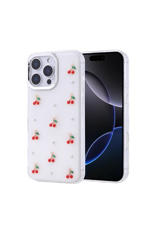 Zore Apple iPhone Uyumlu 16 Pro Max Kılıf Airbag Tasarımlı Simli Şeffaf Omsy Kutup Kapak - Kiraz