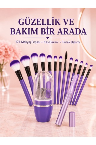 Kadın Makyaj Ve Kişisel Bakım Seti 12 Li Mor Makyaj Fırçası Kaş D
