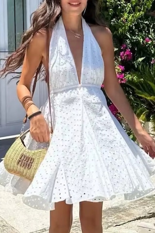 Fashion Cocktail Marilyn Monroe Fistolu Sırt Dekolte Bağcıklı Delikli Çan Etek Dalgalı Kloş Etek Yazlık Tatil Elbise Beyaz