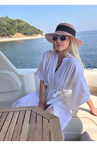 Mayovera Kimono - Nakışlı Beyaz %100 Keten Plaj Elbisesi Beyaz