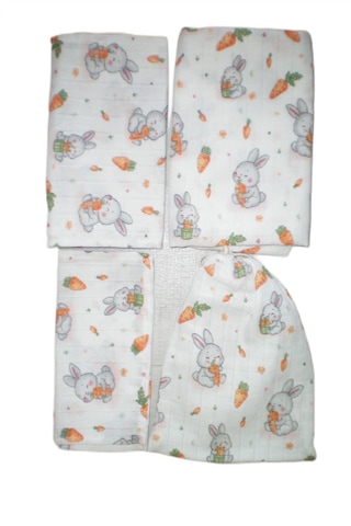 More Home Bebek Müslin Bez Battaniye Set 6 Parça Havuç Yiyen Tavşan Gri Kırmızı Beyaz - Gri
