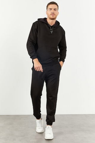 Tommy Life Siyah Kapüşonlu Kanguru Cep Lastik Paça Erkek Oversize Eşofman Takımı - 85117 Siyah