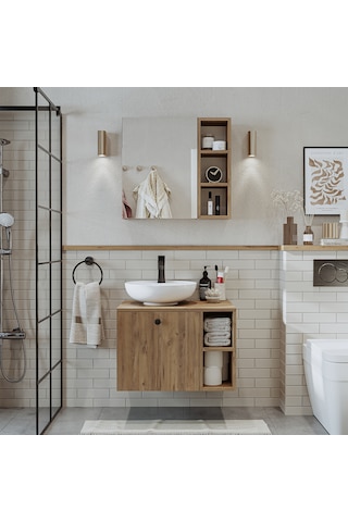 Lotus Lavabolu Mdf 65 Cm Banyo Dolabı + Aynalı Üst Dolap Atlantik Atlantik Çam