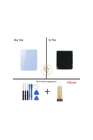 Samsung Galaxy Z Flip 5 Mavi Renk Arka Kapak + Tamir Seti + B7000 Yapıştırıcı Arka Cam Batarya Kapağı Pil Kapağı Lazer Kesim Back Cover Galaxy Z Flip 5 Uyumlu 63976045