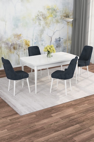 Mona Beyaz 80x132 Açılabilir Mdf Masa Yemek Odası Takımı, Mutfak Takımı 4 Adet Sandalye Beyaz Masa - 4 Antrasit - Beyaz Ayak