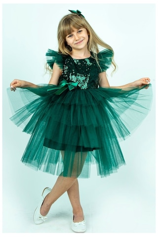 Yeşil Pullu Kız Çocuk Parti Elbisesi