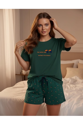 Mihra Kadın Compact Penye %100 Pamuk Bisiklet Yaka Kısa Kol Şortlu Pijama Takımı 90785/3178- 1 Adet Petrol