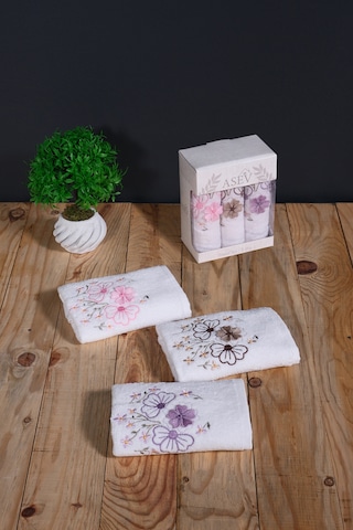 30x50 Cm Kadife Güpür Çiçekli 3lü Mutfak Havlusu El Havlusu Yüz Havlusu Seti Beyaz