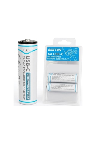 Usb Type-c Şarj Edilebilir Lityum 2'li Kalem Pil Seti 1.5v Aa / 2220 Mwh Kablo Dahil Sabit Voltajlı Pil