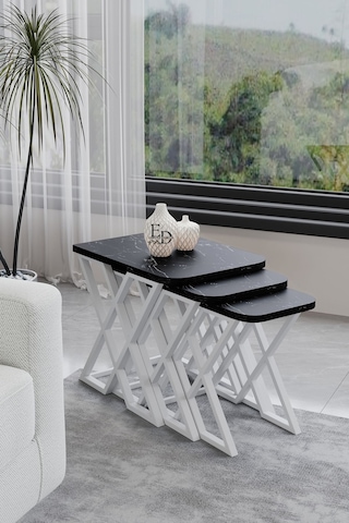 Milano 3'lü Zigon Sehpa Beyaz Metal - Siyah Mermer Tabla