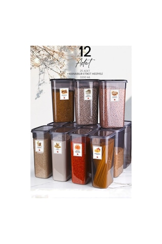 KitchenLife 12'li Mega Boy Etiketli Dikdörtgen Erzak Saklama Kabı Seti 3200ml Çay Şeker Saklama Kabı 3.2 Litre Çok Renkli