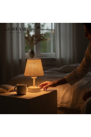 Krem Hasır Görünümlü Başlık Kablosuz Pilli Masa & Gece Lambası Çok Renkli