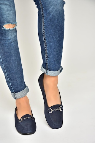 Fox Shoes R667001402 Lacivert Hakiki Deri Süet Kadın Babet Lacivert-süet Lacivert