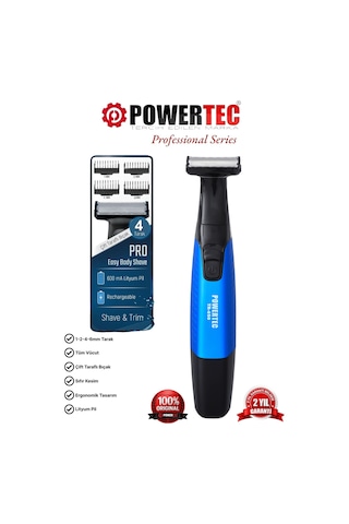 Powertec TR-650 (TAHRİŞ KARŞITI) Şarjlı Epilasyon Öncesi Hassas Vücut Tıraş Makinesi Çift Bıçak 2 Yıl Garanti