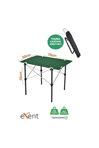 Exent 50x70 Cm Kamp Masası Katlanabilir Masa, Piknik Masası, Siyah Taşıma Çantalı-petrol Yeşili Çok Renkli