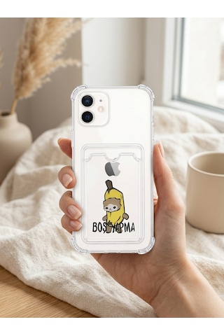 Apple İphone Uyumlu 12 Boş Yapma Muz Detaylı Kart Bölmeli Şeffaf Telefon Kılıfı Çok Renkli