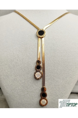 Siyah-beyaz Mineli Gold Renk Kolye Gold