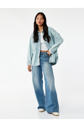 Koton Pamuklu Düğmeli Rahat Kalıp Klasik Yaka Cep Detaylı Denim Gömlek Orta İndigo 6wal60001md Indigo