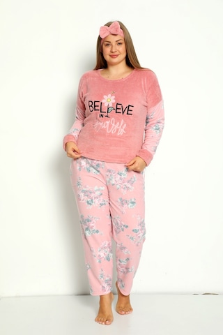 Nisanca Büyük Beden Peluş Polar Pijama Takımı- Saç Bandı Hediyeli Pembe