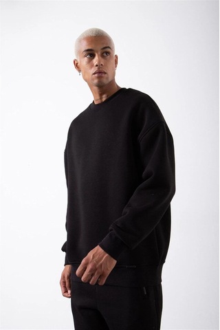 Barlashive Erkek Bisikilet Yaka 3 İplik Pamuklu Sweatshirt - Siyah Çok Renkli