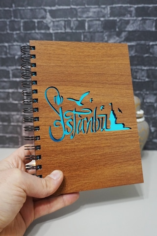Istanbul Desenli Ahşap Kapaklı Defter - Notebook Defter Düz - Çizgisiz Defter Ahşap Rengi Ceviz