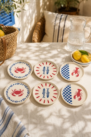 Coastal 6 Lı Seramik Pasta Ve Servis Tabağı Seti 20 Cm Deniz Desenli Akdeniz Sofra Takımı Beyaz