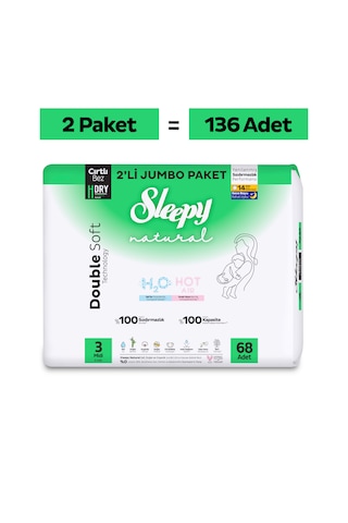 Sleepy Natural Double Soft Avantajlı Mega Paket Bebek Bezi 3 Numara Midi 136 Adet