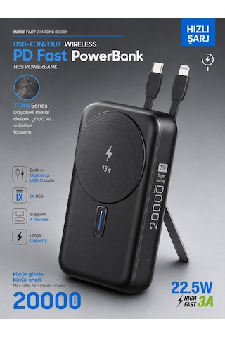 22.5w Hızlı Şarj Powerbank Type-c Giriş Çıkışlı Kablolu Magsafe Uyumlu Taşınabilir Şarj Cihazı Siyah