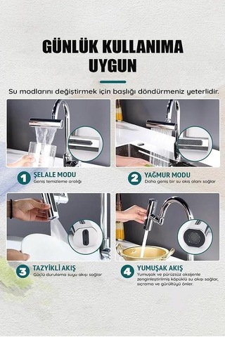 Krom Tasarruflu 4 Modlu Ayarlanabilir Musluk Başlığı Lavabo Batarya Fiskiye Ucu Perlatör