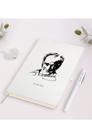 Kişiye Özel Atatürk Temalı Beyaz Defter ve Kalem Seti-13 Beyaz