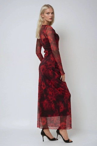 Hiccup Çiçek Desenli Bodycon Maxi Tül Elbise Kırmızı