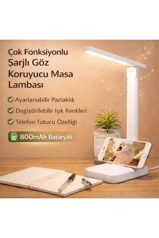 Polham Şarjlı Katlanabilir Led Masa Lambası 3 Işık Modu Göz Koruyucu 800mah Telefon Tutuculu Beyaz