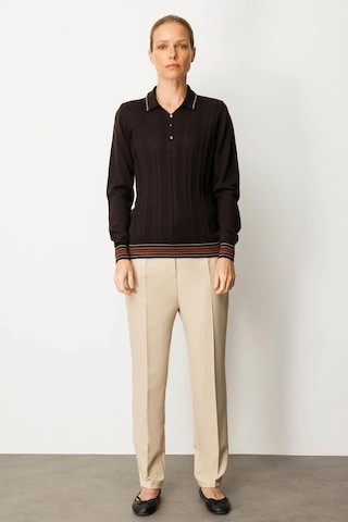 Desen Triko Polo Yaka Simli Çizgili Kadın Yün Bluz 25080d Kahve